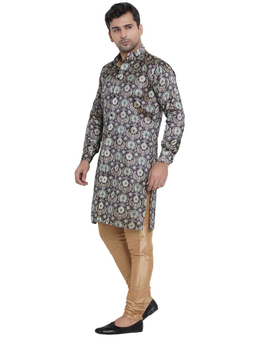 navy blue printed silk blend long kurta - 17287454 - Standard Image - 2