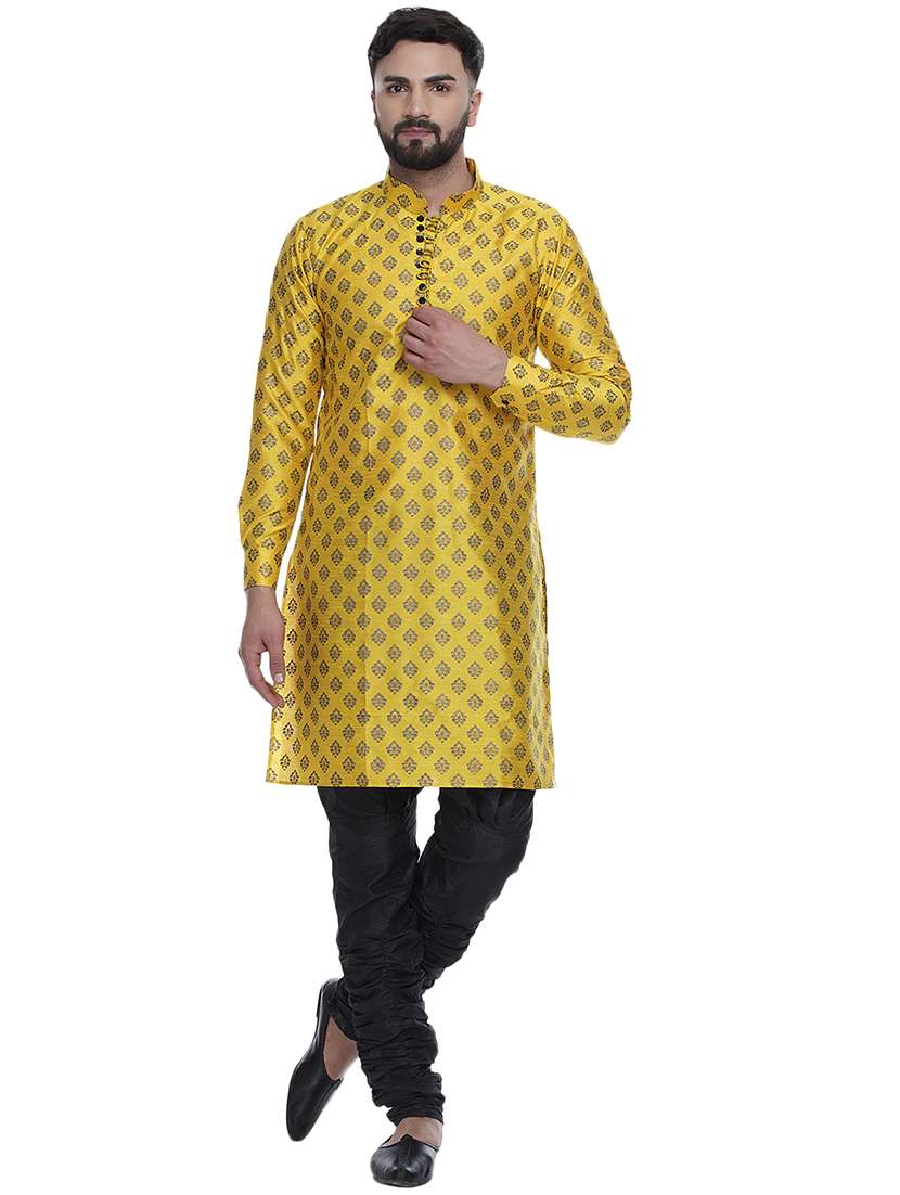 yellow printed silk blend long kurta
