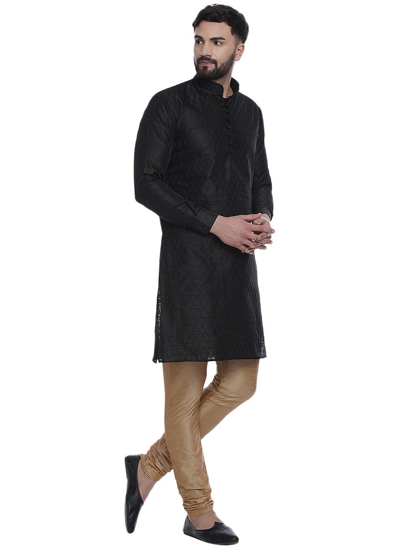 black jacquard silk blend long kurta - 17287473 - Standard Image - 2