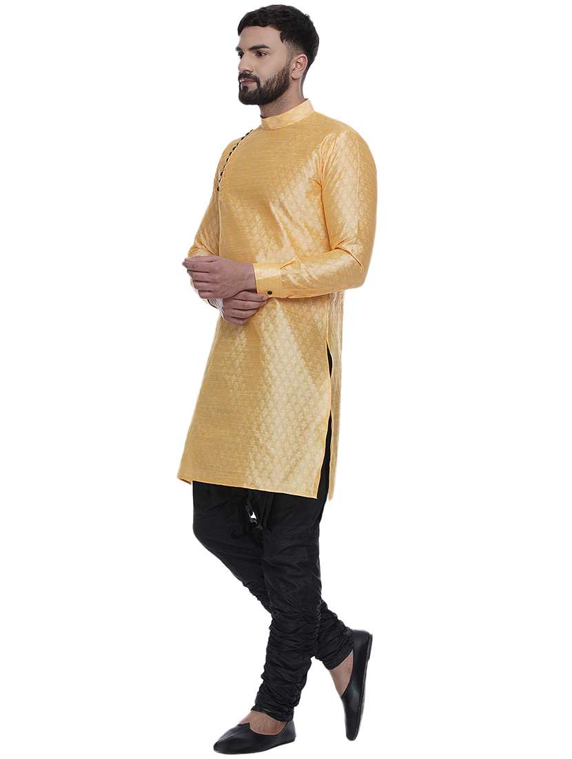 yellow jacquard silk blend long kurta - 17287475 - Standard Image - 2