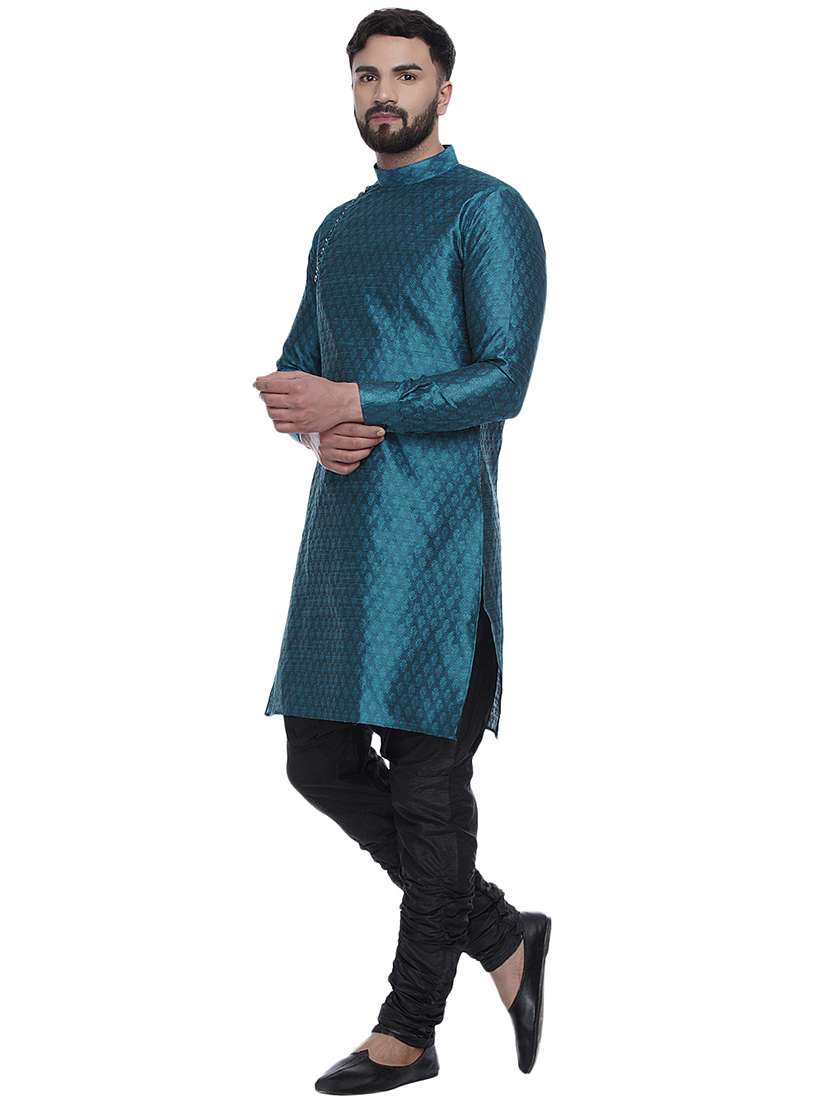 teal jacquard silk blend long kurta - 17287476 - Standard Image - 2