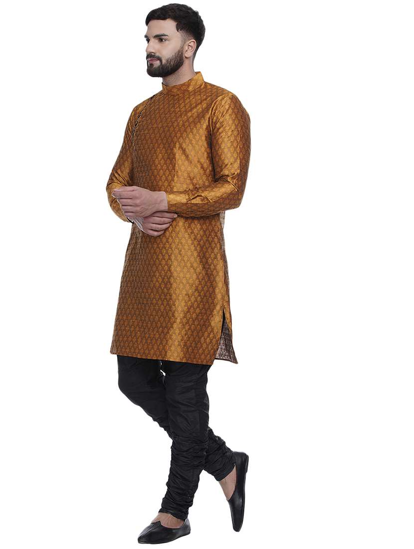 gold jacquard silk blend long kurta - 17287479 -  Standard Image - 2