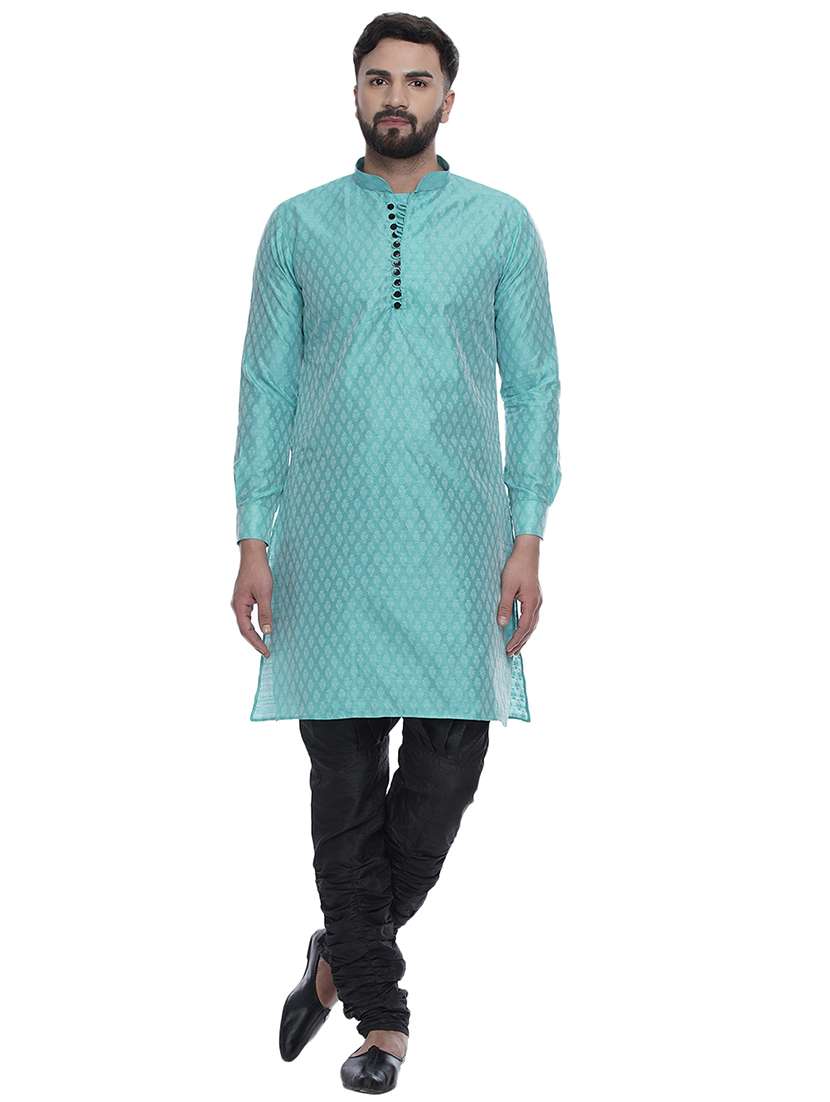 men light blue jacquard silk blend long kurta