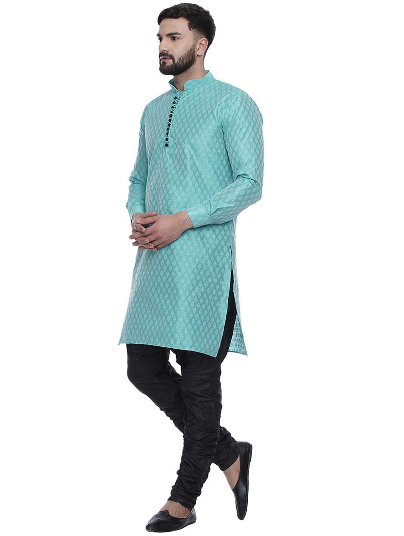 men light blue jacquard silk blend long kurta - 17287480 -  Standard Image - 2