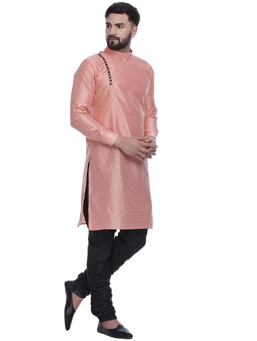 pink jacquard silk blend long kurta - 17287481 -  Standard Image - 2