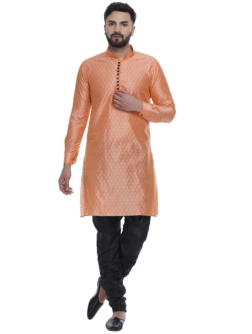 peach jacquard silk blend long kurta