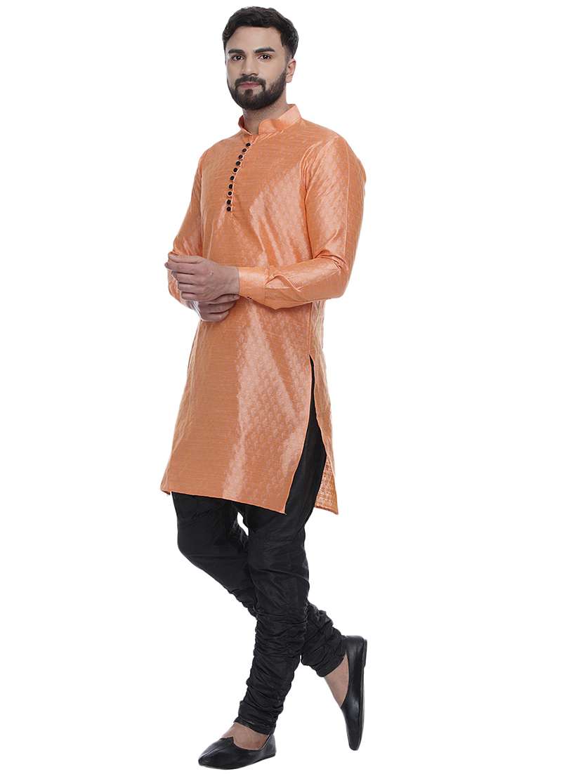 peach jacquard silk blend long kurta - 17287483 -  Standard Image - 2