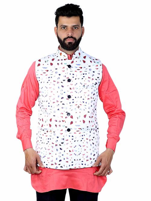 white printed nehru jacket - 17287535 - Standard Image - 0