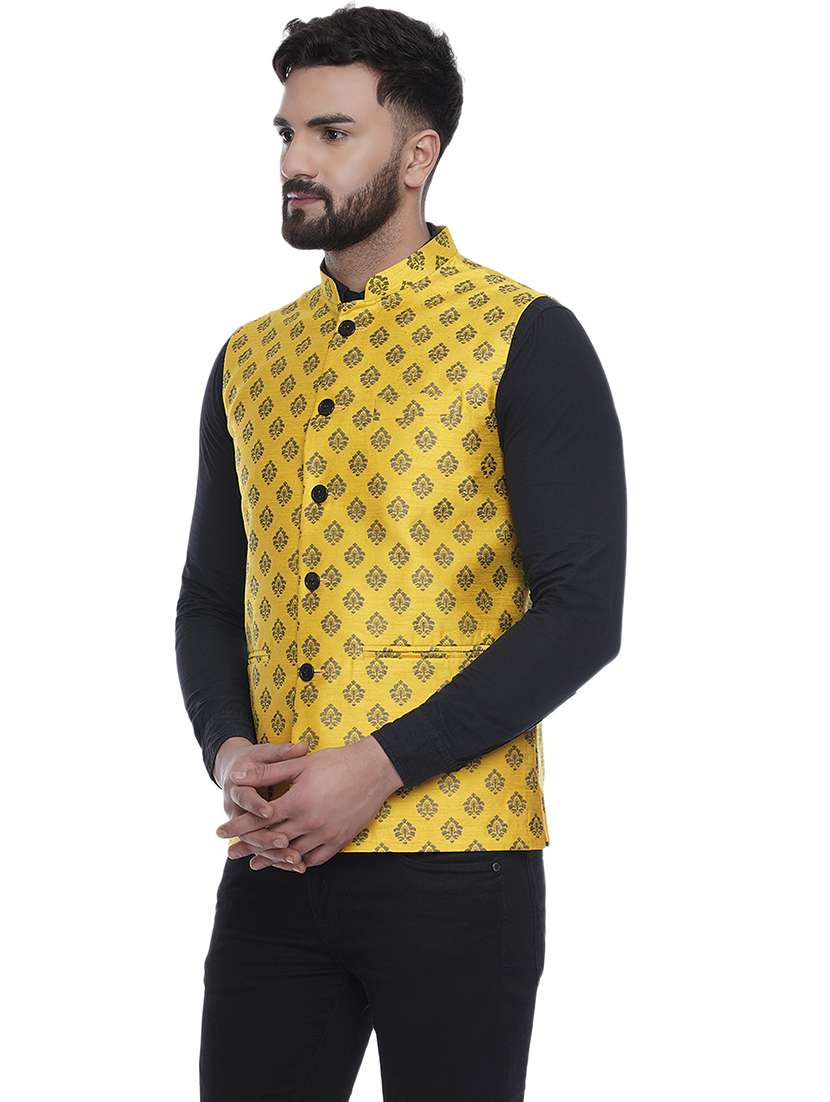 yellow printed silk nehru jacket - 17287553 -  Standard Image - 2