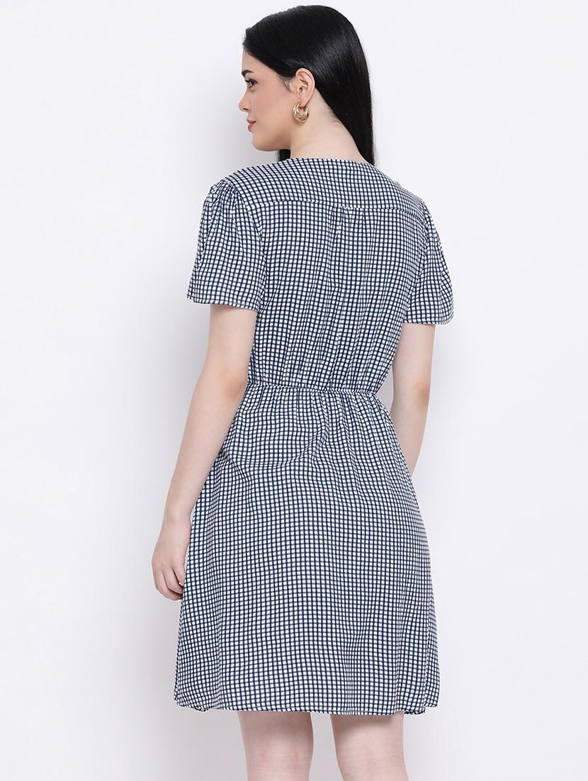 overlap neck checkered a-line dress - 17288482 - Standard Image - 2