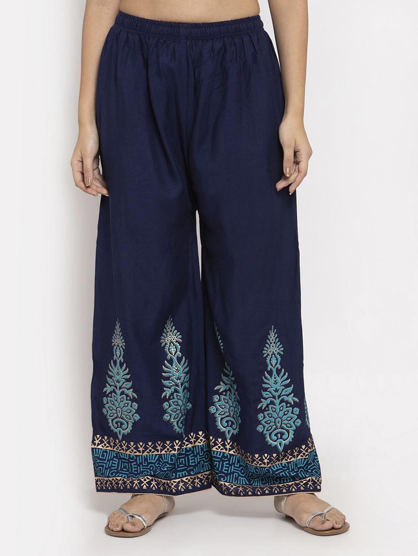 navy blue printed straight palazzo - 17298366 -  Zoom Image - 0