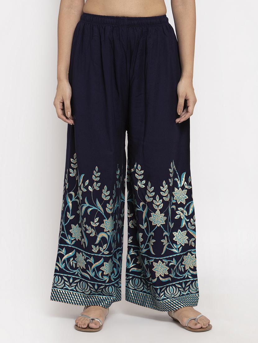 navy blue floral print straight palazzo - 17298370 -  Zoom Image - 0