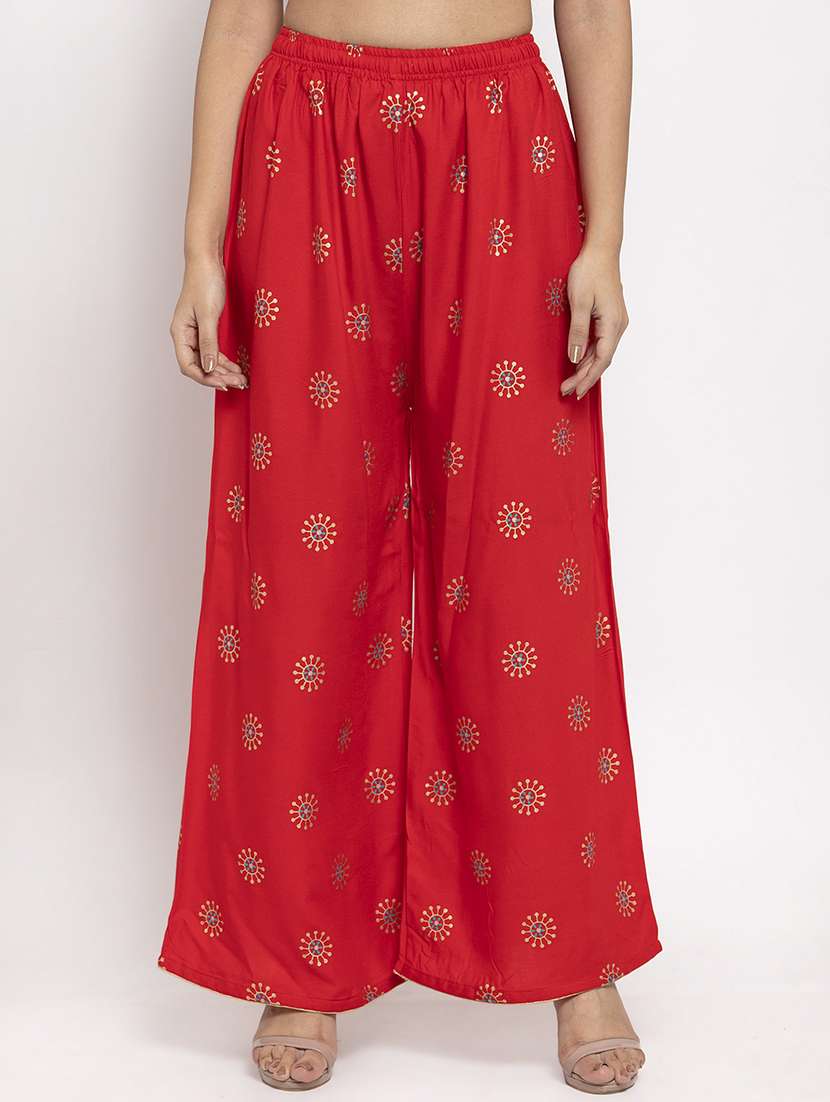 red printed straight palazzo