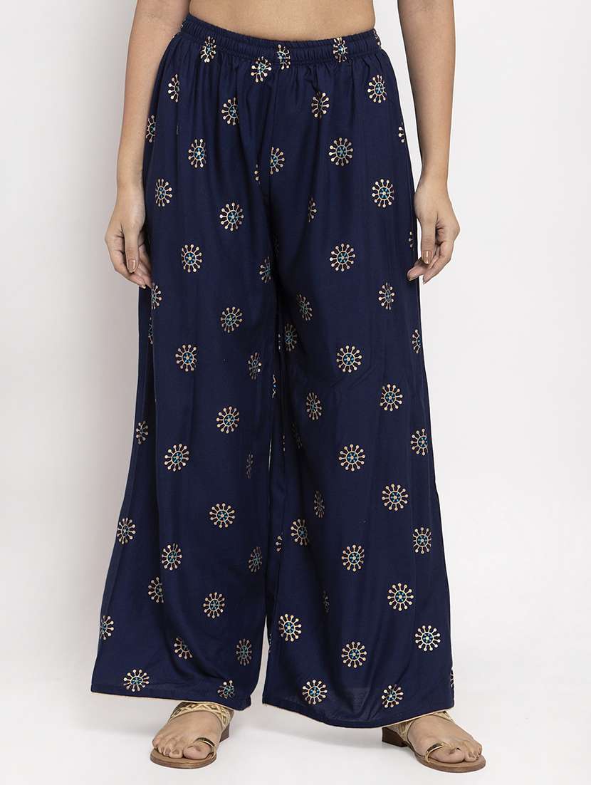 navy blue foil print straight palazzo