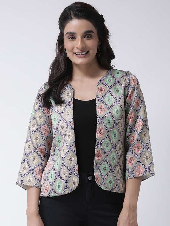 women printed three quarter sleeve jacket
