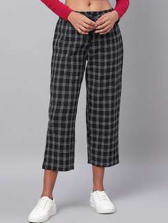 tie up waist checkered cropped trouser 