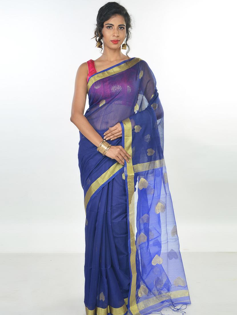 women's self design navy blue colored saree with blouse - 17326724 - Zoom Image - 0