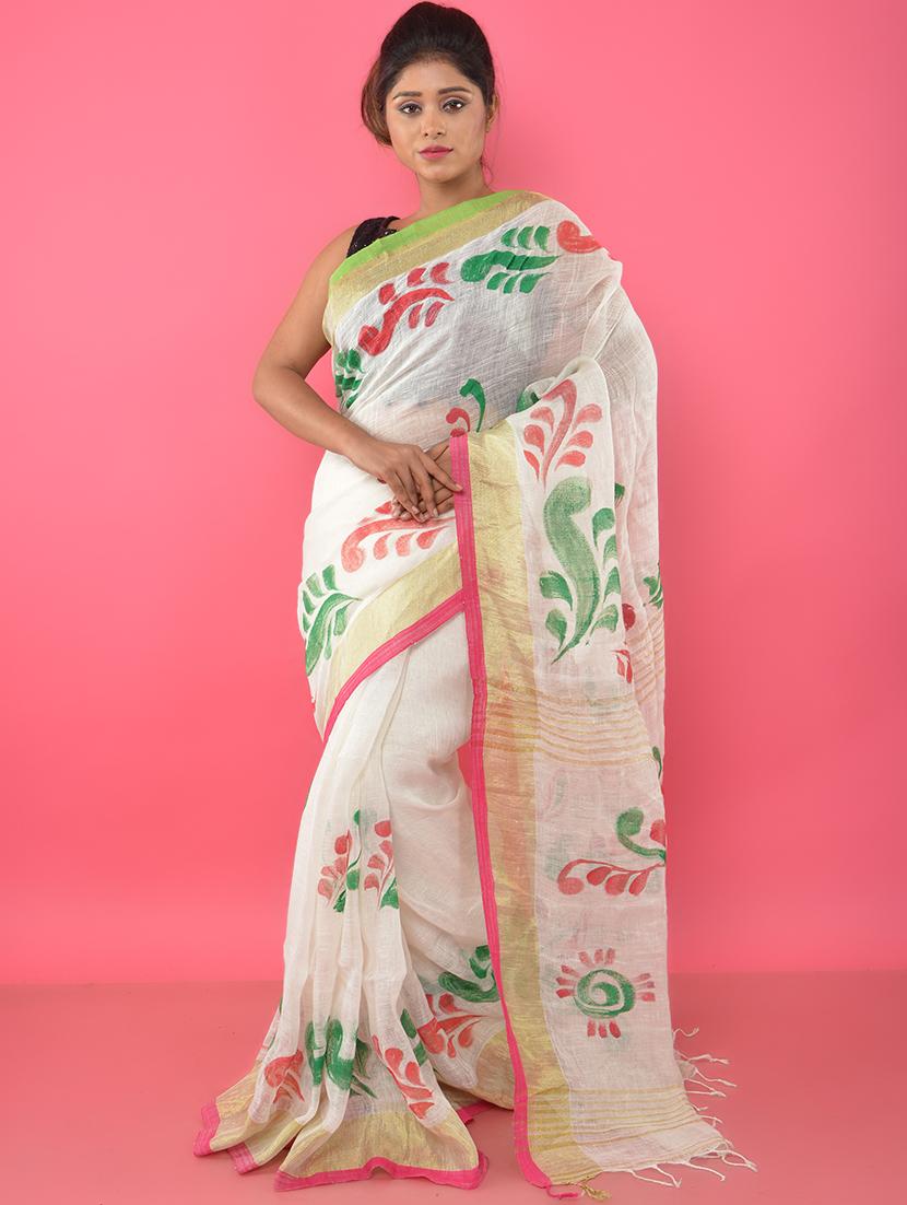 women's printed white colored saree with blouse - 17327354 -  Zoom Image - 0