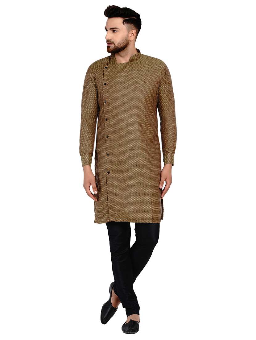 olive green self design long kurta