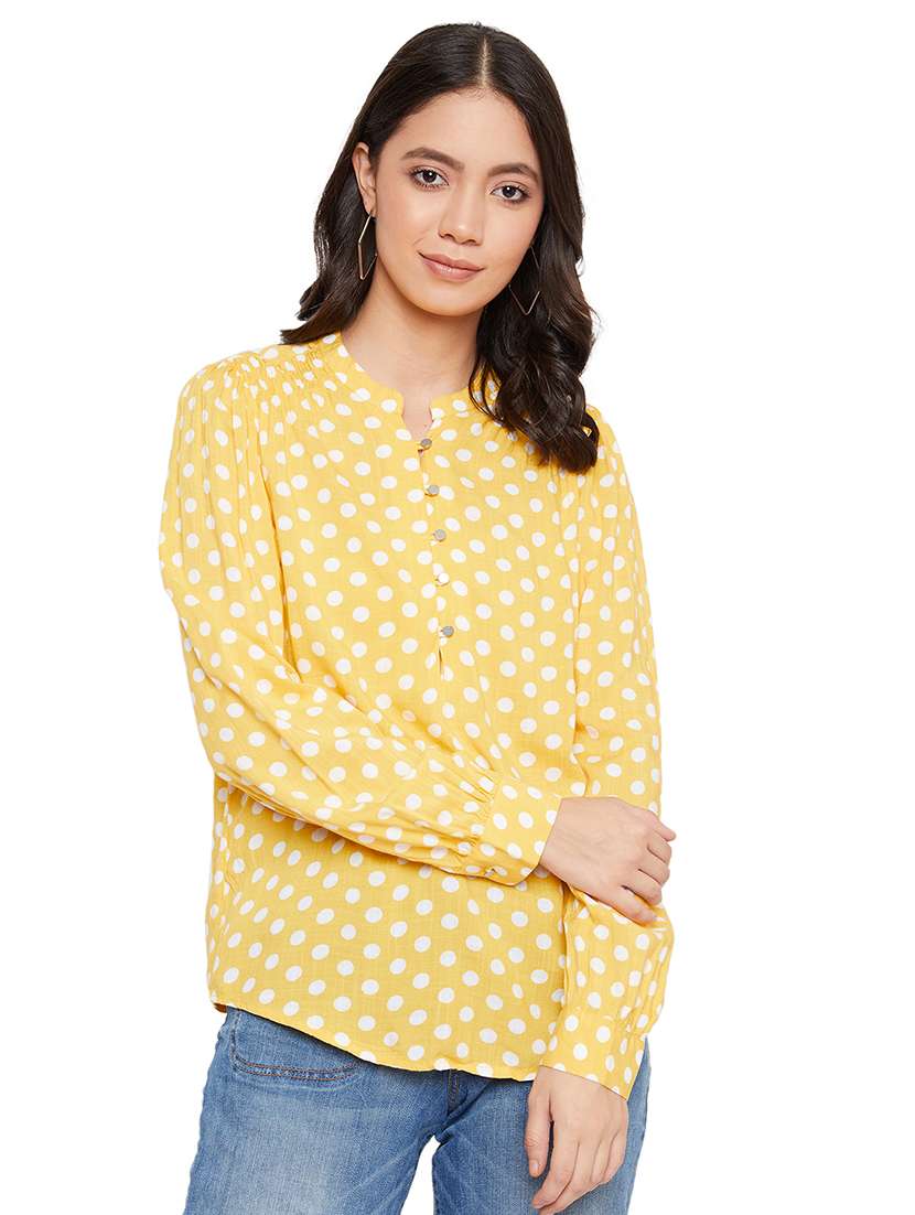 women yellow printed mandarin neck top
