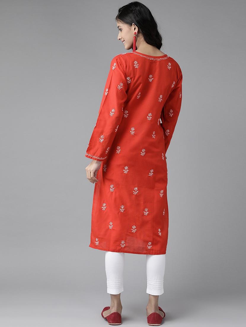 cotton red color women chikankari hand crafted kurta - 17336758 - Standard Image - 2