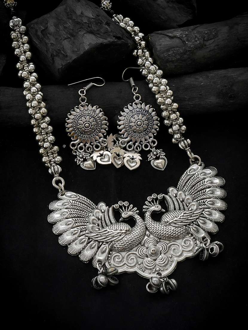 Oxidised Silver Long Necklace With Earring