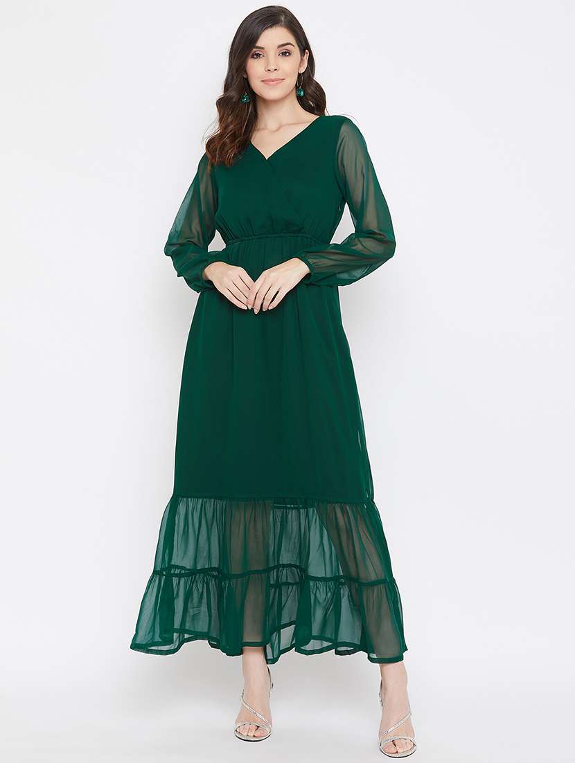 overlap neck bottle green dress 