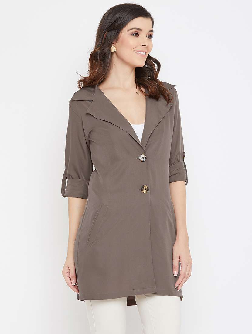 women solid roll-up sleeves long coat - 17337077 - Standard Image - 2