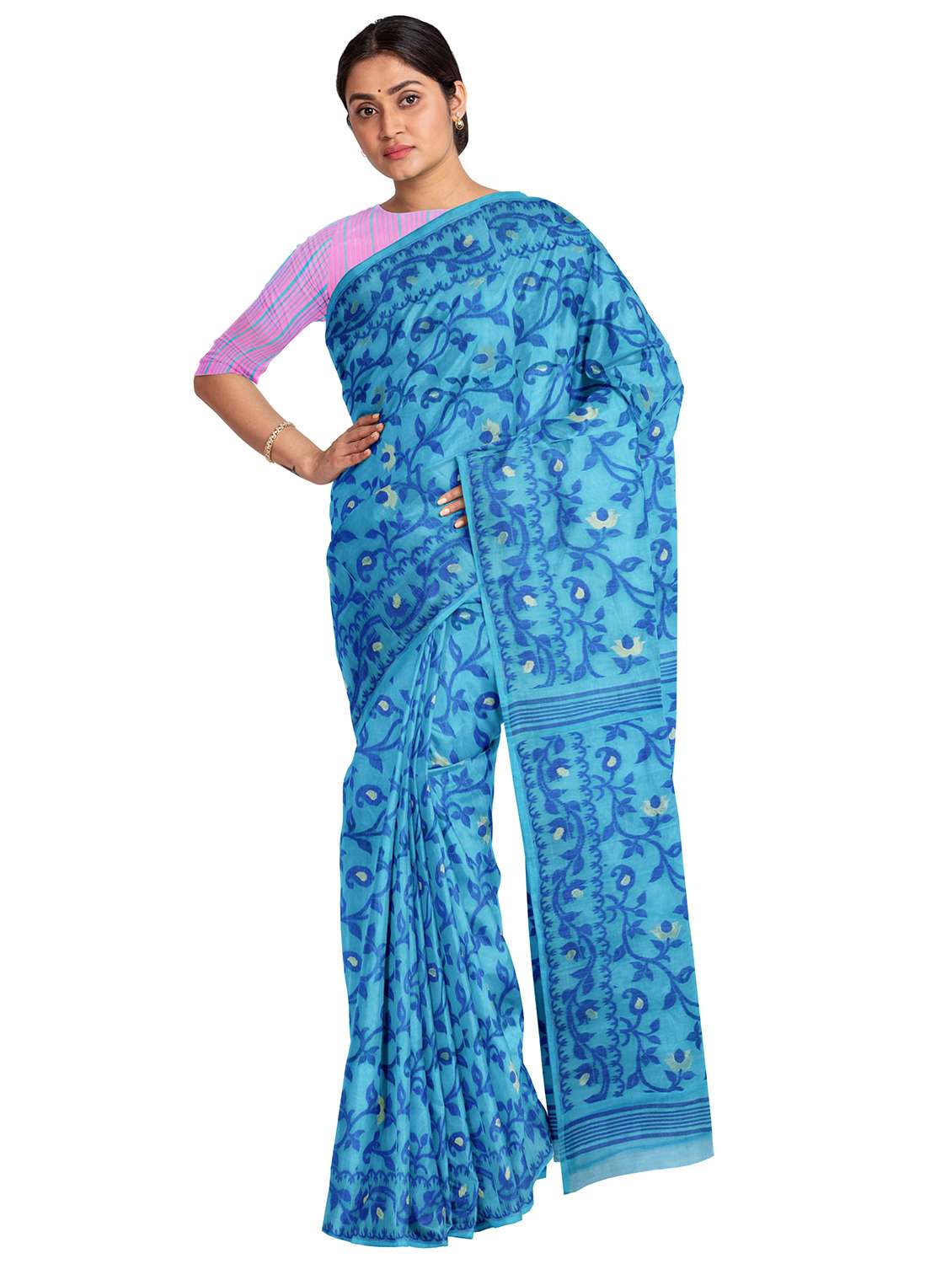 women's self design light blue colored saree