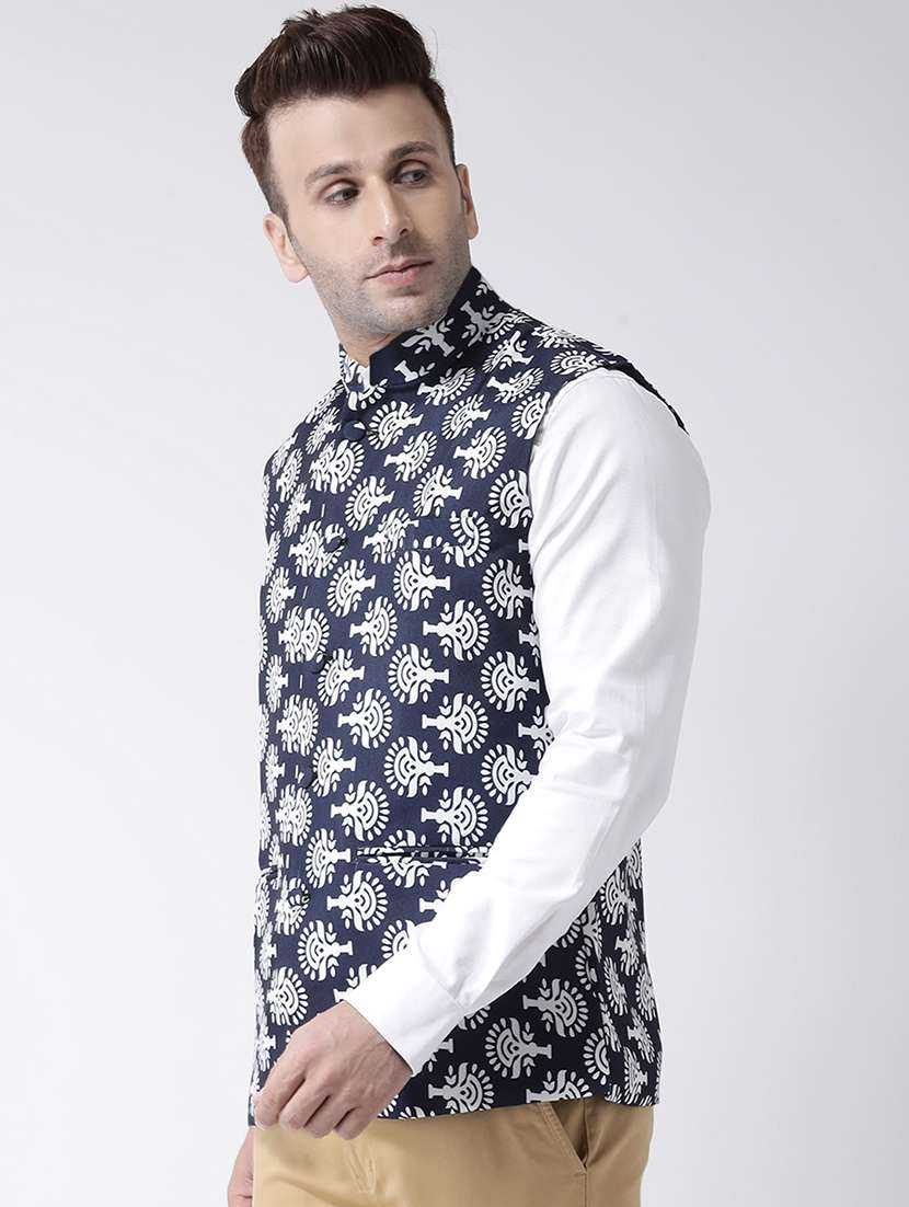 navy blue printed nehru jacket - 17343616 - Standard Image - 2