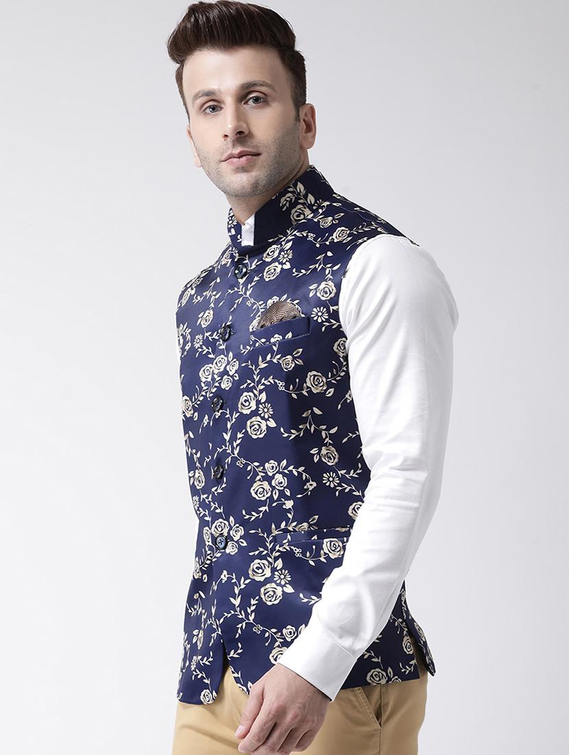 navy blue floral print nehru jacket - 17343620 - Standard Image - 2