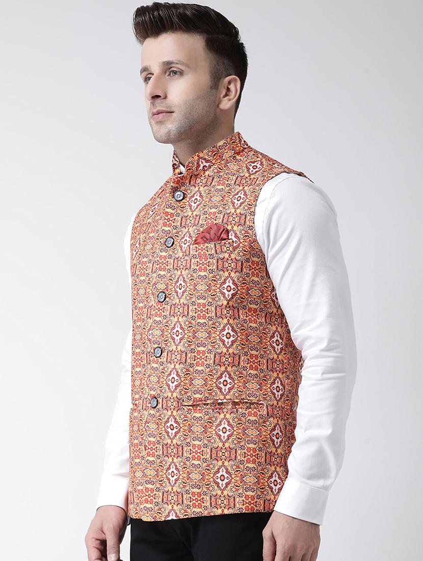 orange printed nehru jacket - 17343625 - Standard Image - 2