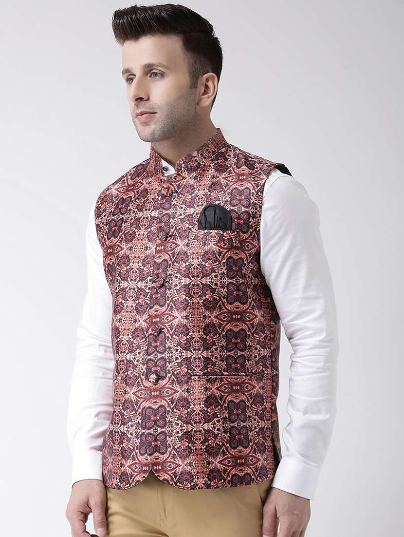 brown floral printed nehru jacket - 17343633 -  Standard Image - 2
