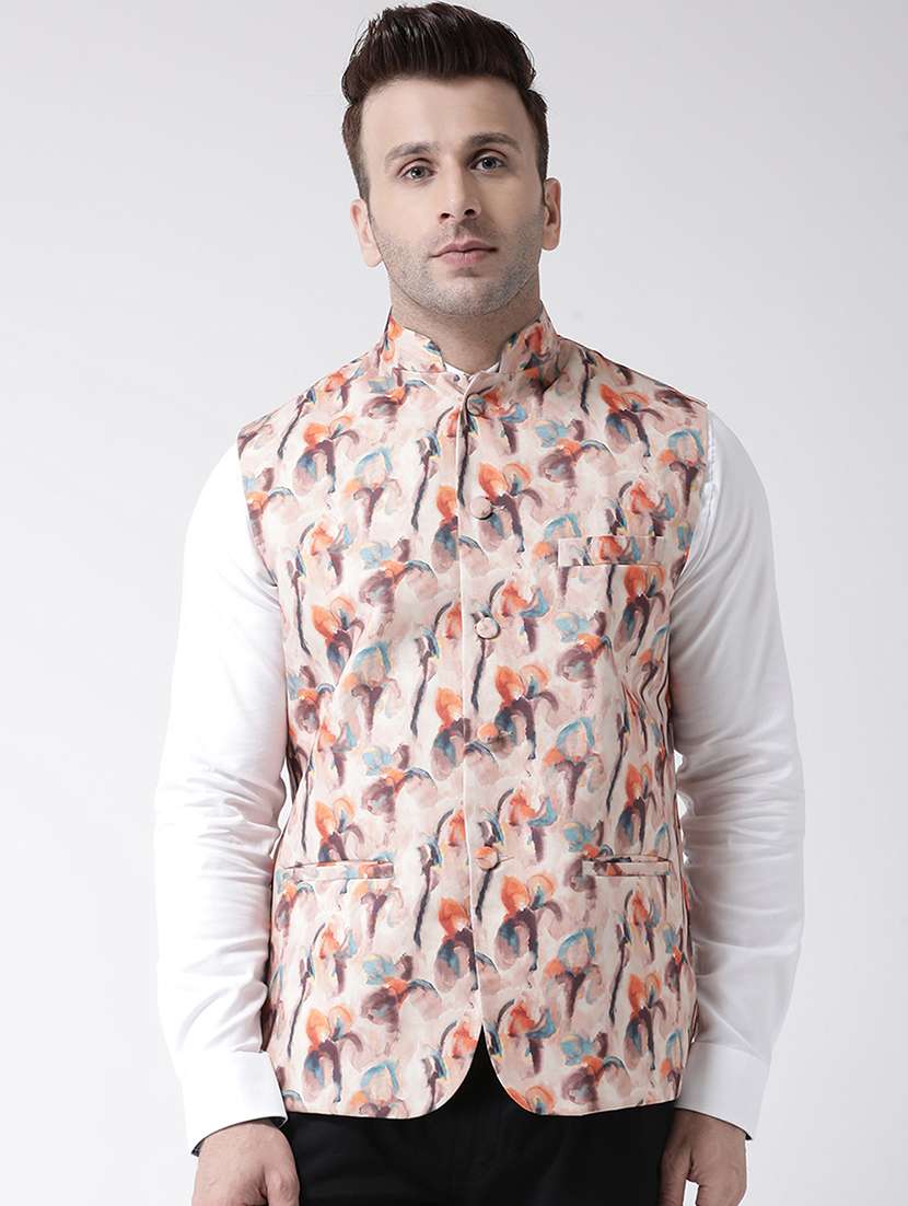 beige printed nehru jacket