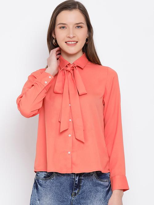 tie up neck solid shirt - 17344651 - Standard Image - 0