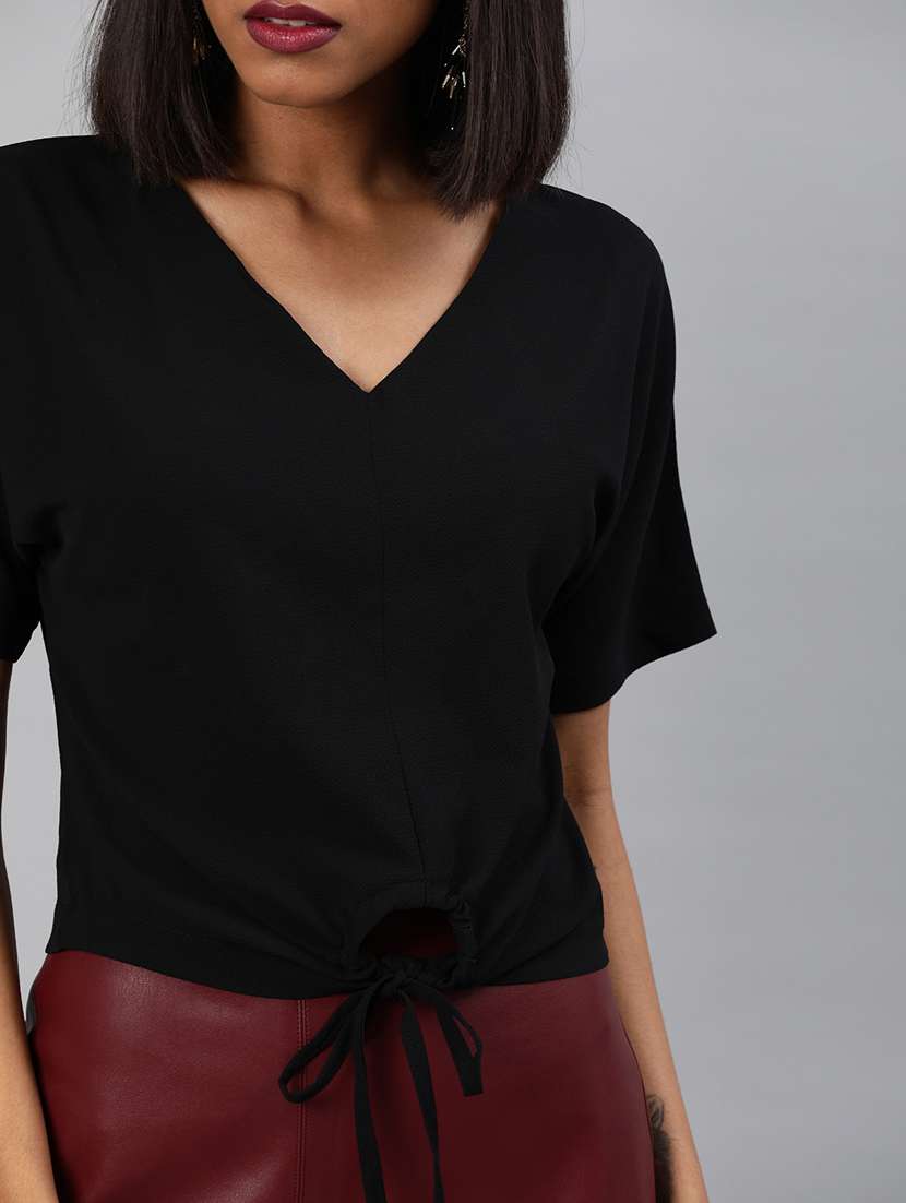 women's solid black v neck top - 17345871 -  Standard Image - 2