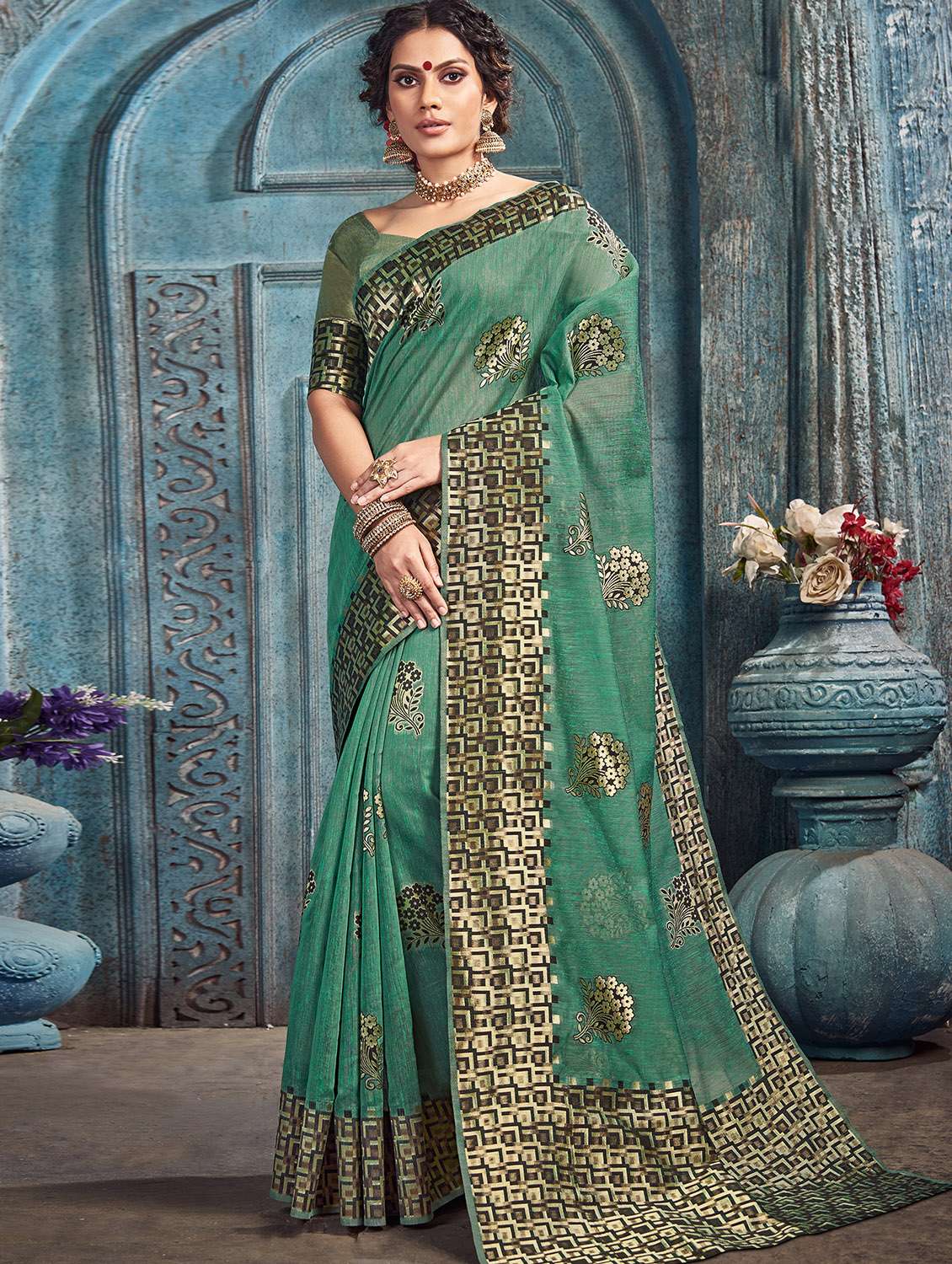 self design woven saree with blouse