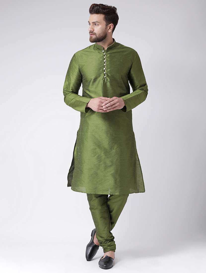 olive green silk blend kurta pyjama set
