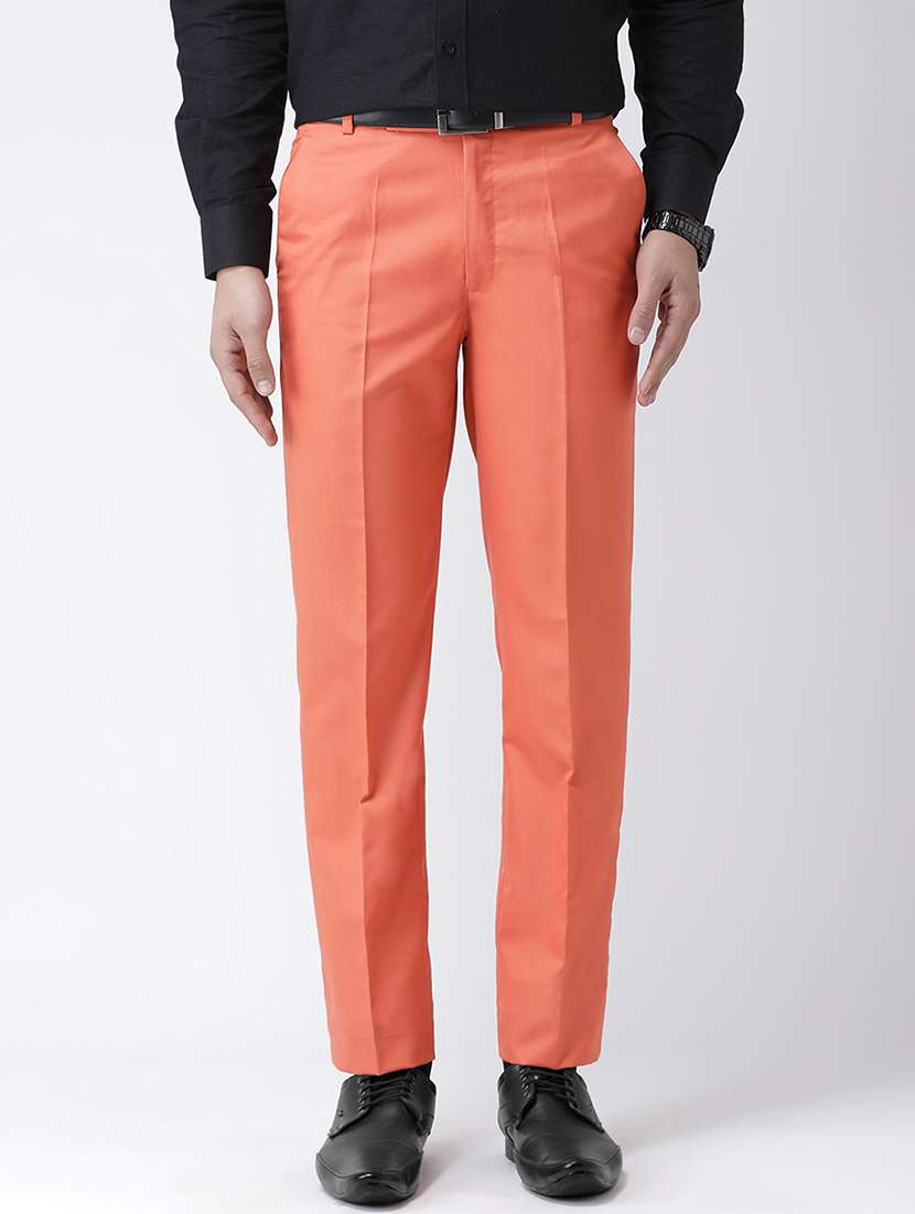 Peach Solid Flat Front Formal Trouser