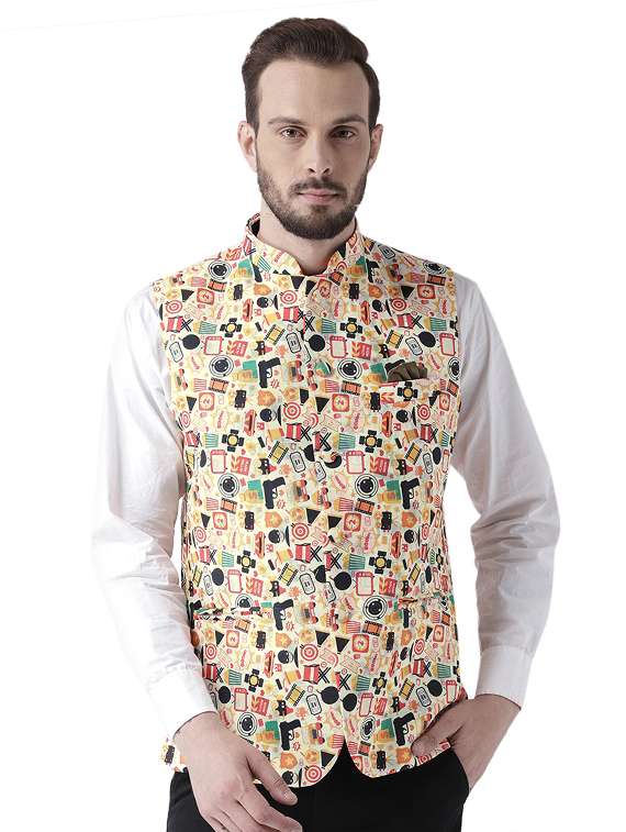 yellow printed nehru jacket