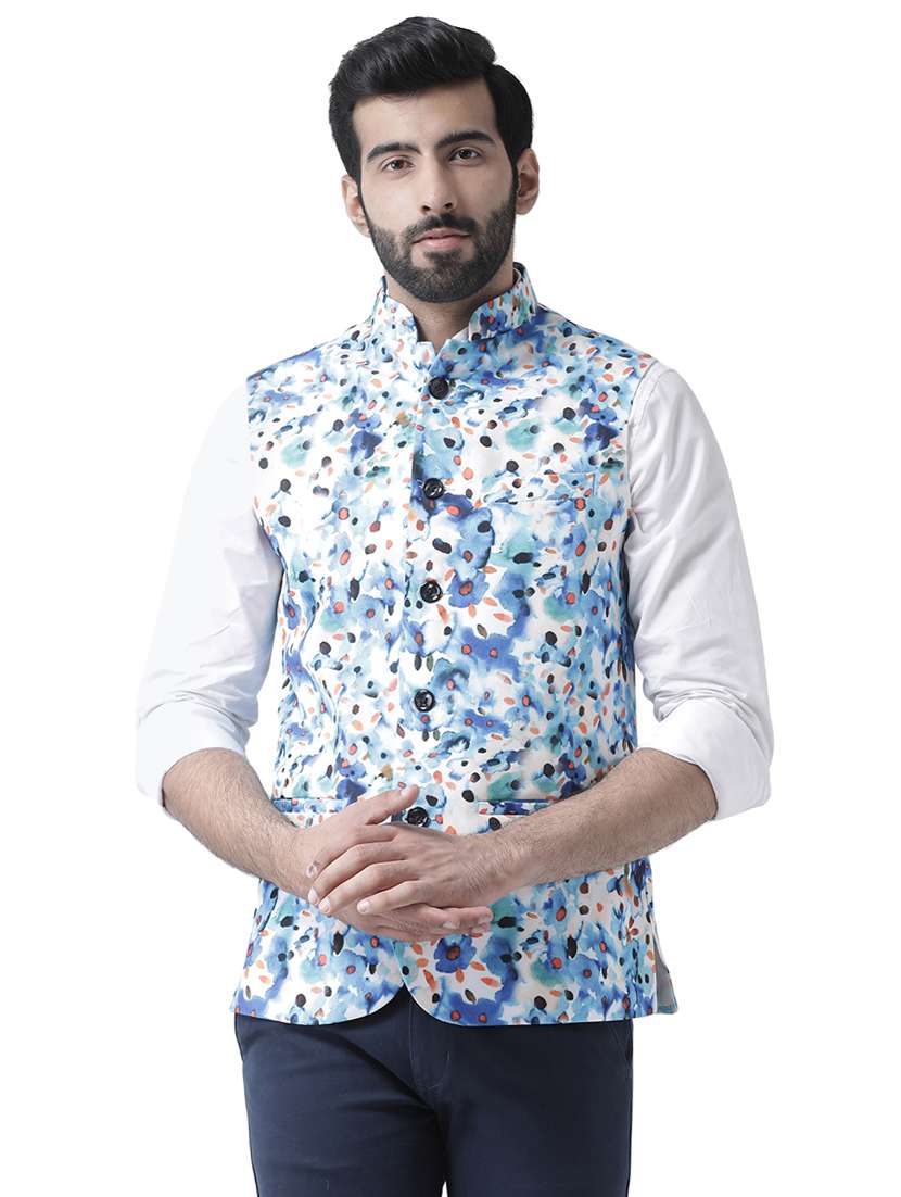 white printed nehru jacket