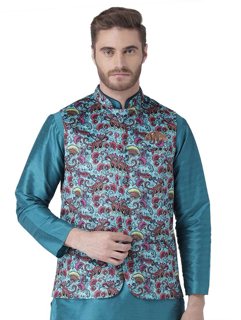 blue printed nehru jacket