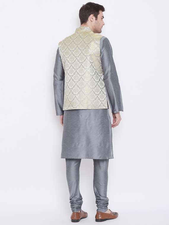 grey solid silk blend kurta pyjama set with jacquard nehru jacket  - 17352160 -  Standard Image - 2