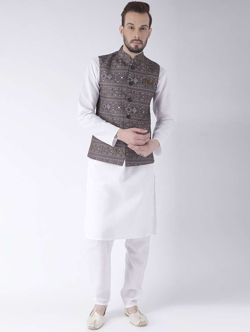 white solid kurta pyjama set with printed nehru jacket