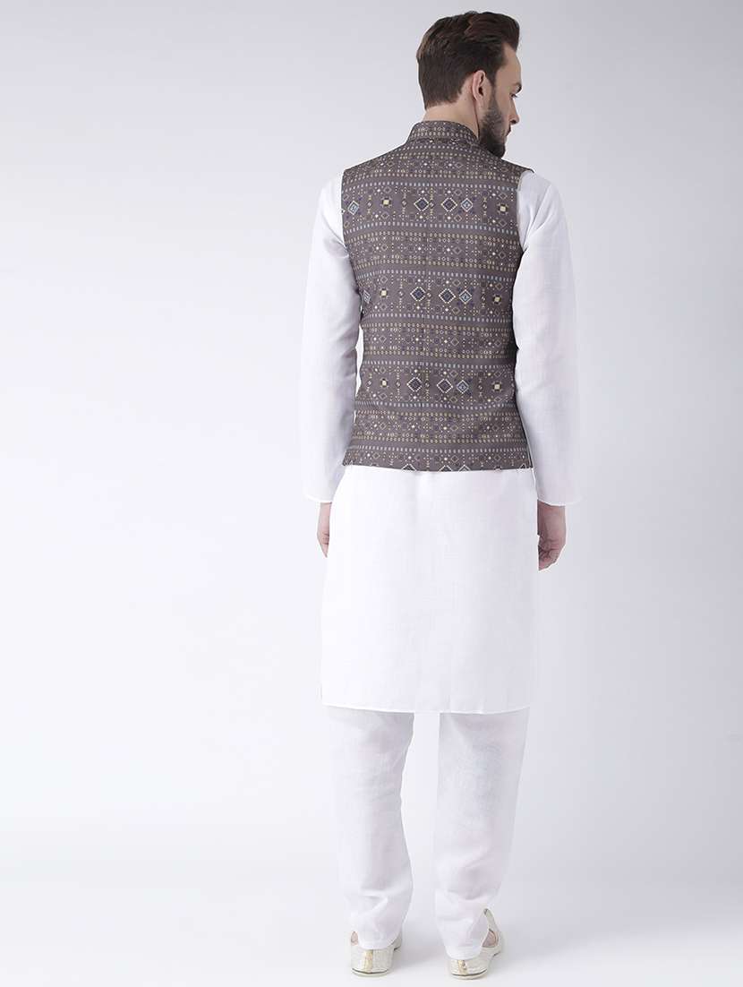 white solid kurta pyjama set with printed nehru jacket - 17356723 - Standard Image - 2