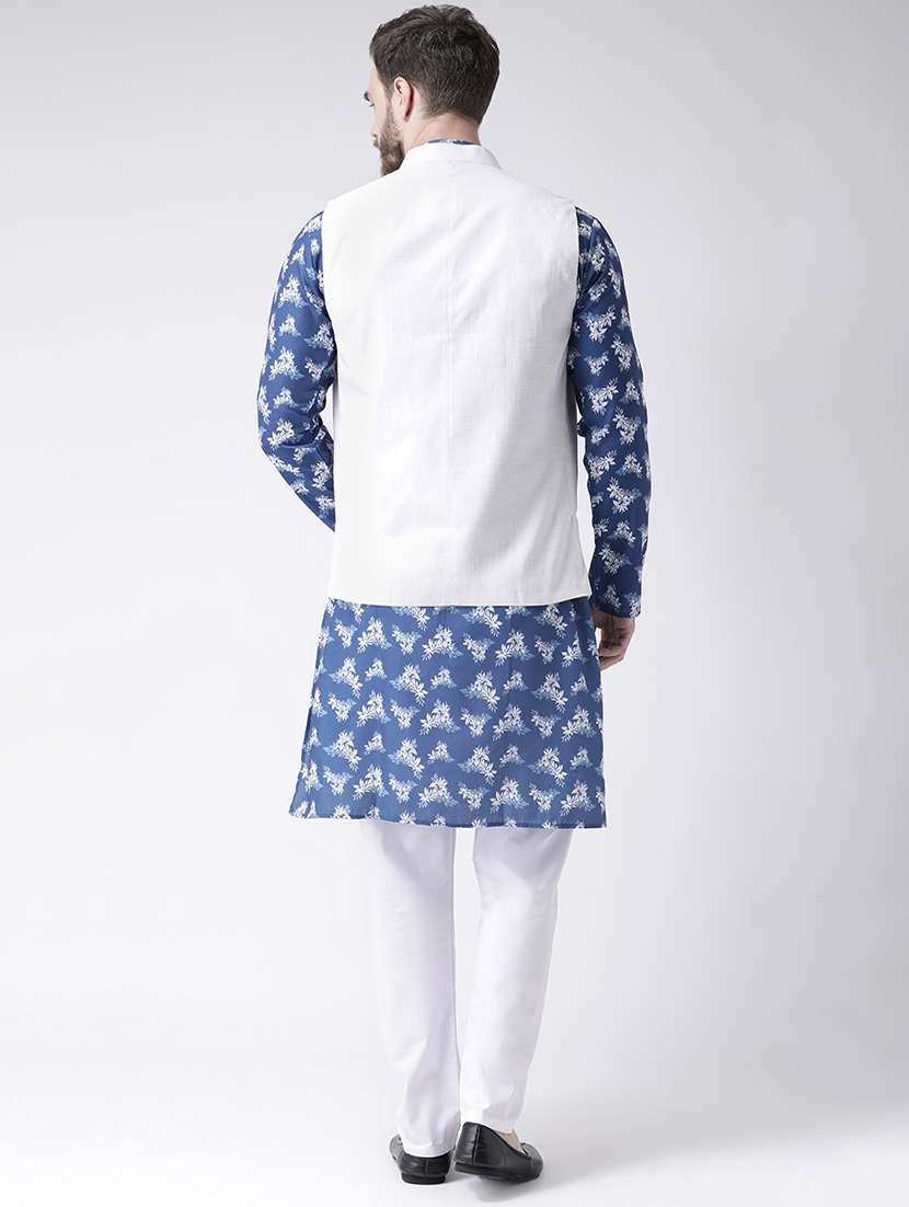 blue floral print kurta pyjama set with white solid nehru jacket - 17356728 - Standard Image - 2