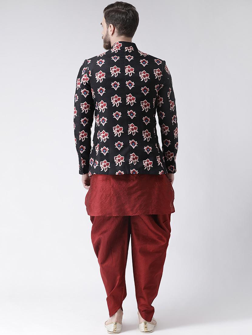 maroon solid dhoti kurta set with printed bandhgala jacket - 17356747 - Standard Image - 2