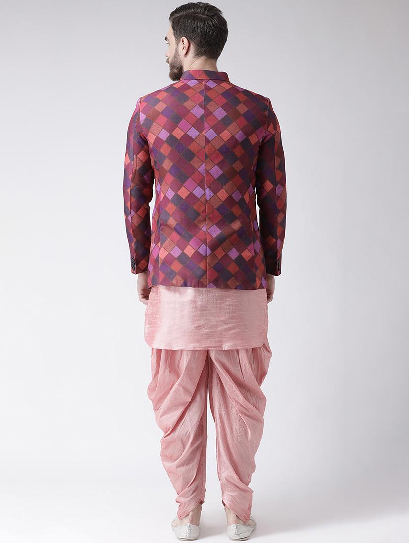 pink solid dhoti kurta set with printed bandhgala jacket - 17356749 - Standard Image - 2