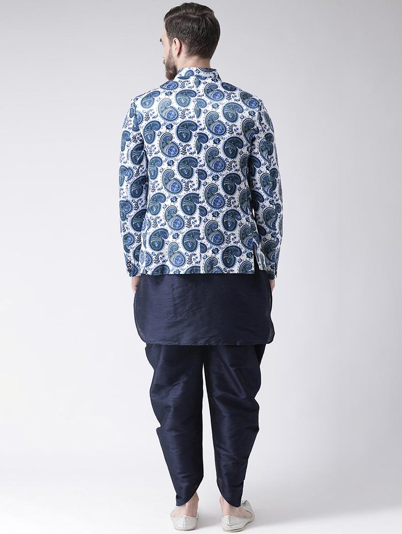 navy blue solid dhoti kurta set with printed bandhgala jacket - 17356750 - Standard Image - 2