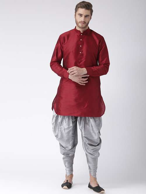 maroon solid dupion dhoti kurta set  - 17356812 -  Standard Image - 0